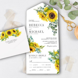 Invitation Tout En Un Mariage Tournesols Rustiques et Branche d'Eucalypt