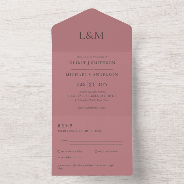 Invitation Tout En Un Mariage tout en 1 rose Dusty Rose avec RSVP (À l'intérieur)