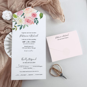 Invitation Tout En Un Mariage tout en un aquarelle florale rose tendre