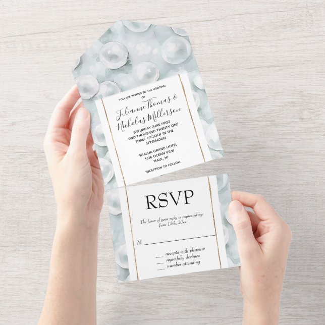 Invitation Tout En Un Mariage Tropical Blue White Pearls (Déchirure)