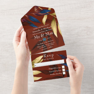 Invitation Tout En Un Mariage Tropical de Bourgogne, Marine et Or