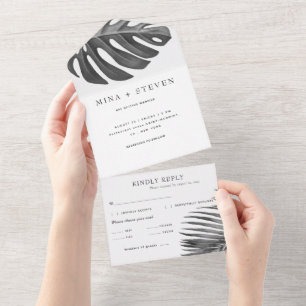 Invitation Tout En Un mariage tropical moderne noir et blanc