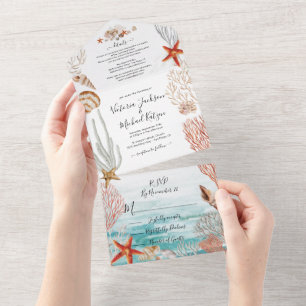 Invitation Tout En Un Mariage Tropical Ocean Seashell et Coral Beach