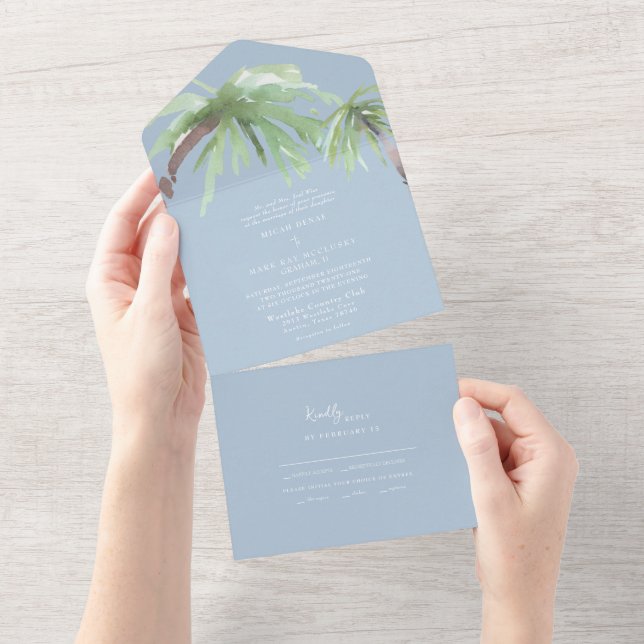 Invitation Tout En Un Mariage Tropical Palm Sky Blue (Déchirure)