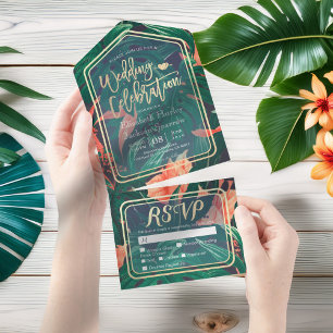 Invitation Tout En Un Mariage Tropical Plante Feuille d'or cadre RSVP