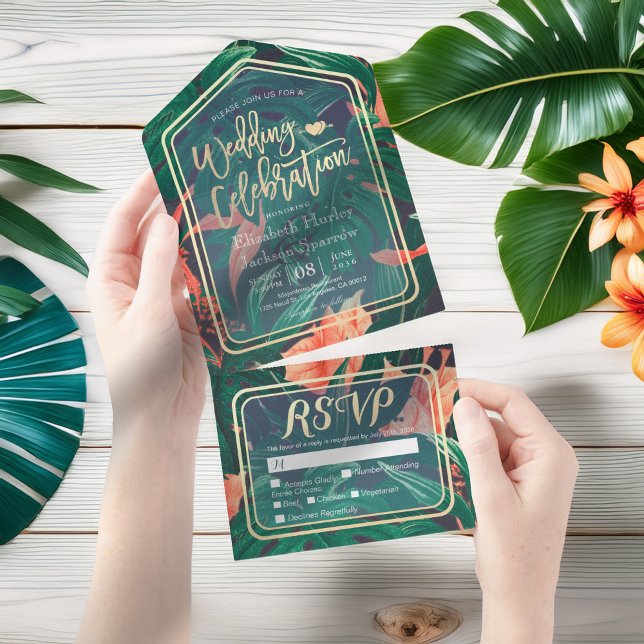 Invitation Tout En Un Mariage Tropical Plante Feuille d'or cadre  RSVP (Créateur téléchargé)