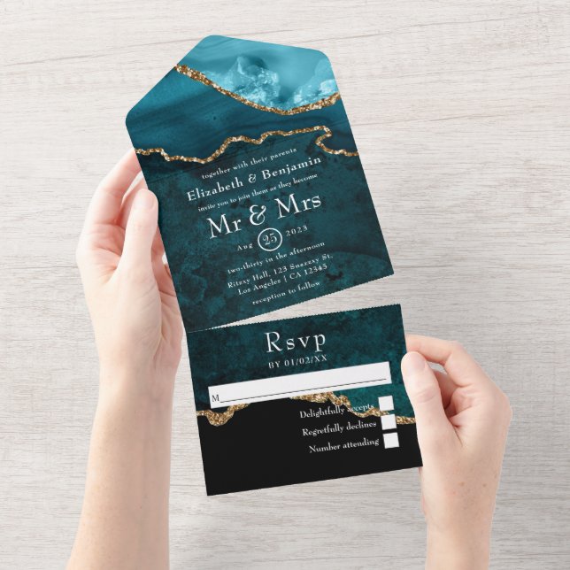 Invitation Tout En Un Mariage Turquoise et Agate Dorée (Déchirure)