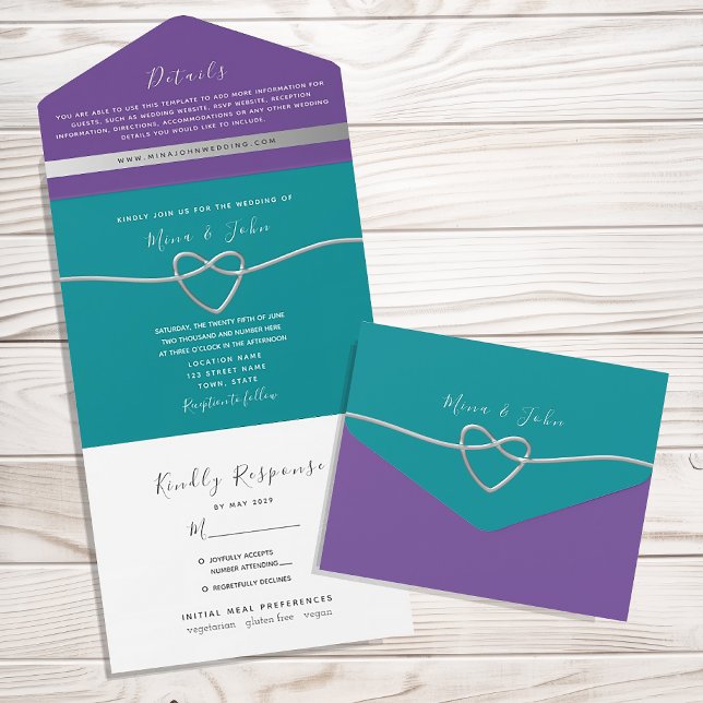 Invitation Tout En Un Mariage turquoise et violet (Créateur téléchargé)