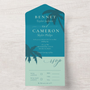 Invitation Tout En Un Mariage Turquoise & Mint Green Palm Trees Beach