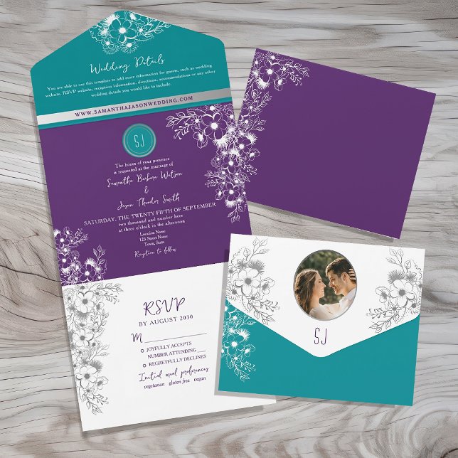Invitation Tout En Un Mariage Turquoise, Sarcelle et Violet (Créateur téléchargé)