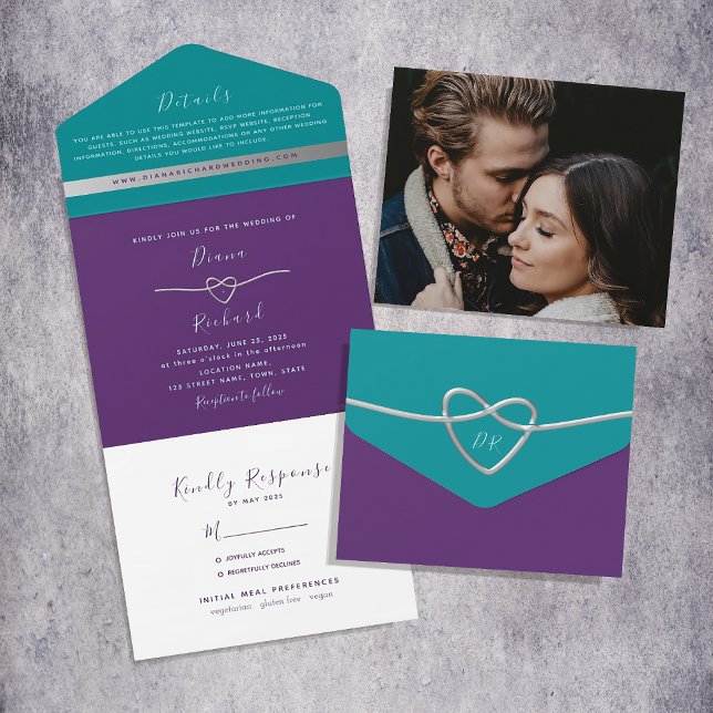Invitation Tout En Un Mariage Turquoise violet moderne (Créateur téléchargé)