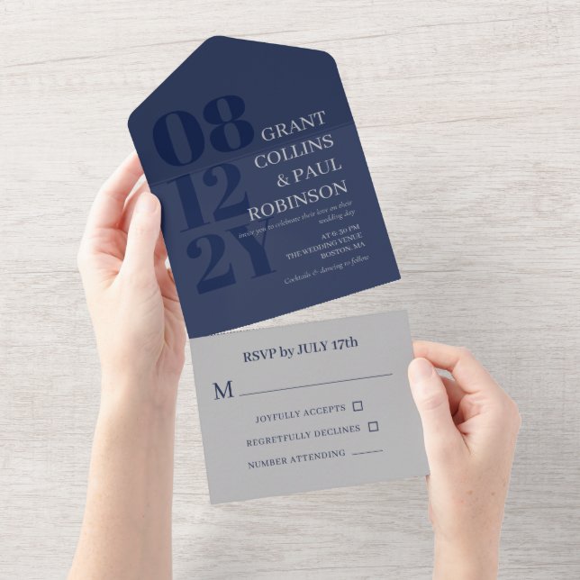 Invitation Tout En Un Mariage Typographie Élégante Bleu Marine Gris (Déchirure)