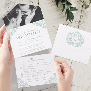 Invitation Tout En Un Mariage vert apaisé blanc feuilles photo repas RSV