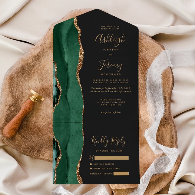 Invitation Tout En Un Mariage Vert Émeraude Agate Or Foncé (Créateur téléchargé)