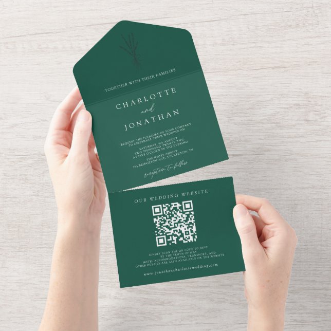 Invitation Tout En Un Mariage vert émeraude botanique simple (Déchirure)