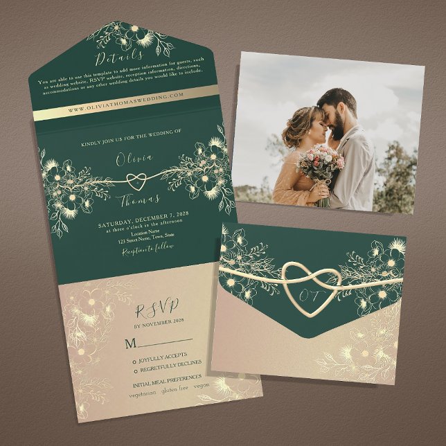 Invitation Tout En Un Mariage Vert Émeraude Vintage (Créateur téléchargé)