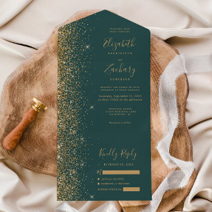 Invitation Tout En Un Mariage Vert Foncé Paillettes Or Modernes