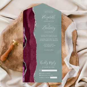 Invitation Tout En Un Mariage Vert Sauge Agate Argent Bourgogne
