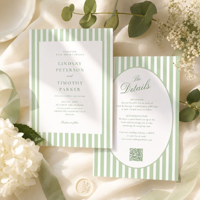 Invitation Tout en Un Mariage Vert Sauge Rayé (Créateur téléchargé)