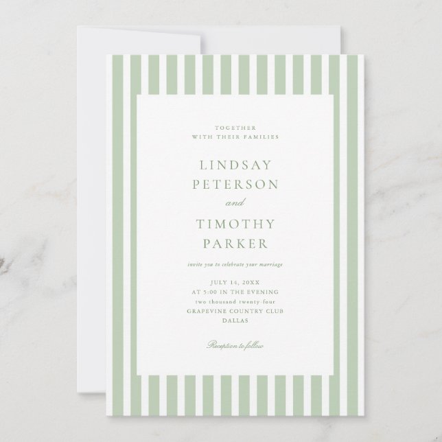 Invitation Tout en Un Mariage Vert Sauge Rayé (Devant)