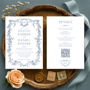 Invitation Tout en un Mariage victorien Dusty Blue Monogram