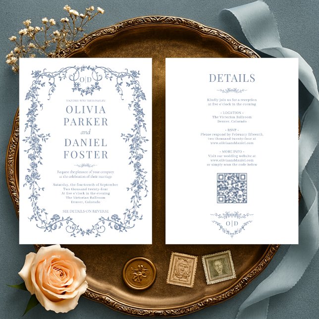 Invitation Tout en un Mariage victorien Dusty Blue Monogram (Créateur téléchargé)