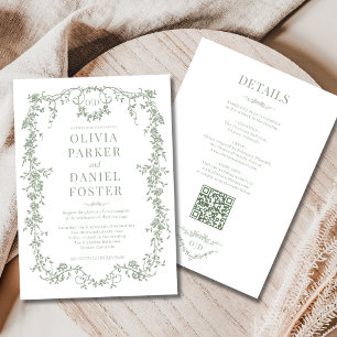 Invitation Tout en Un Mariage Victorien Vert Sauge Monogramme