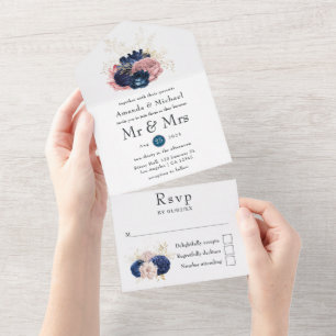 Invitation Tout En Un Mariage Vintage Bleu Marine et Rose Pâle
