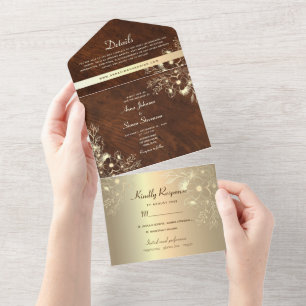 Invitation Tout En Un Mariage Vintage Bois Floral Or