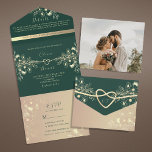 Invitation Tout En Un Mariage vintage Emerald Green<br><div class="desc">Élevez votre faire-part mariage à une oeuvre d'art avec notre Elégante invitation Vintage Boho. Doté d'or rose enchanteur et de tons vert émeraude, entrelacé d'un coeur romantique de corde et d'une dentelle dorée dorée, il dégage un charme intemporel. Personnalisé avec votre propre photo sur le dos, aux côtés des détails...</div>