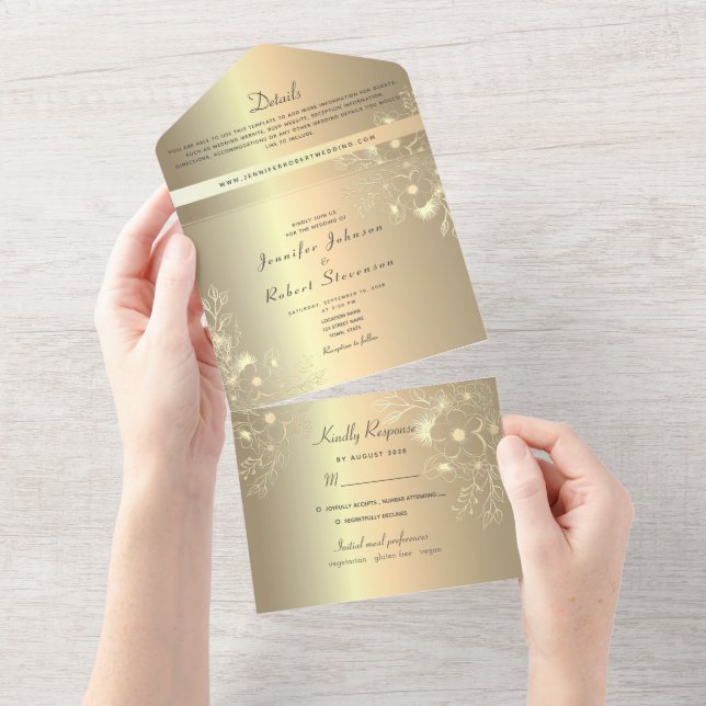 Invitation Tout En Un Mariage vintage Gold Calligraphy (Déchirure)