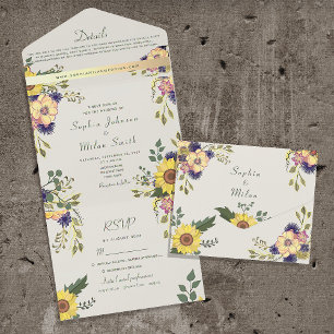 Invitation Tout En Un Mariage Vintage Rustique Bohème Tournesols