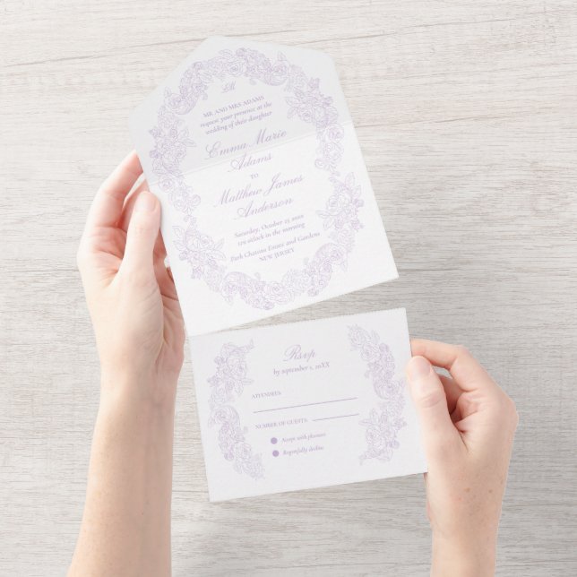 Invitation Tout En Un Mariage Violet Écriture Classique Sophistiquée (Déchirure)