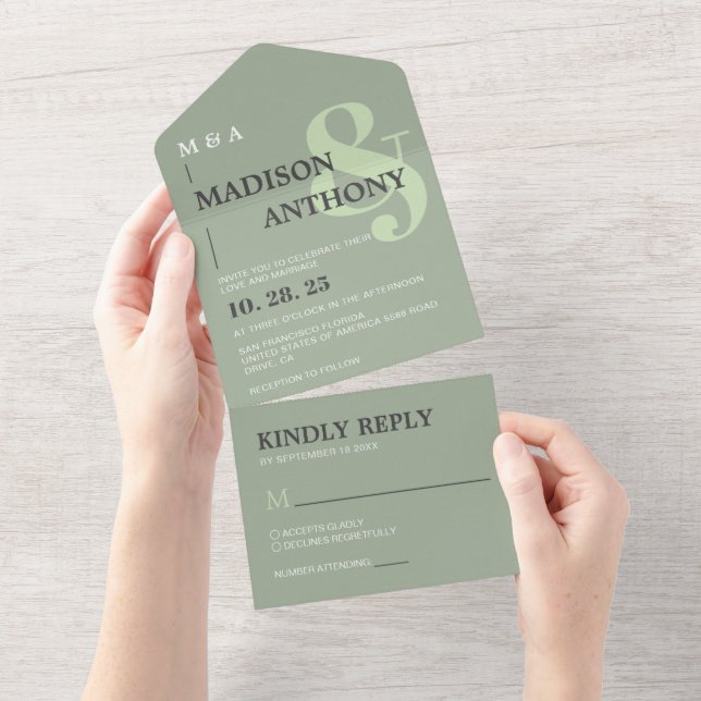 Invitation Tout En Un Mariage Whimsand Vert Sage moderne (Déchirure)