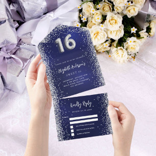 Invitation Tout En Un Marine bleu argent parties scintillant Sweet 16 rs