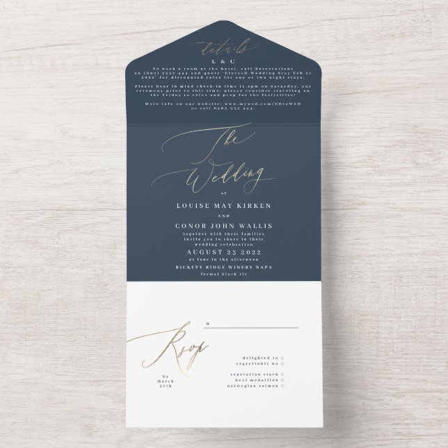 Invitation Tout En Un Marine Bleu Blanc Élégant Or Le Mariage (À l'intérieur)