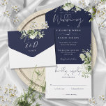 Invitation Tout En Un Marine Bleu Botanique Verdure Monogramme Mariage<br><div class="desc">Le tout dans un faire-part de mariage avec des feuilles botaniques et rustiques,  et une typographie élégante. L'invitation comprend une carte RSVP perforée qui peut être adressée individuellement ou laissée vide pour que vous puissiez écrire à la main les coordonnées de votre invité. Conçu par Thisisnotme©</div>