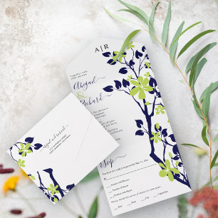 Invitation Tout En Un Marine bleu, branche verte citron avec fleurs mari