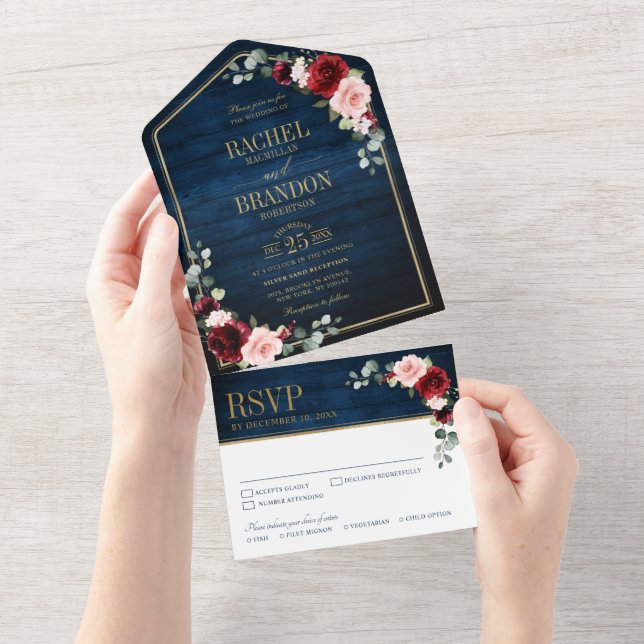 Invitation Tout En Un Marine Bleu Brousse Bourgogne Or Mariage géométriq (Déchirure)