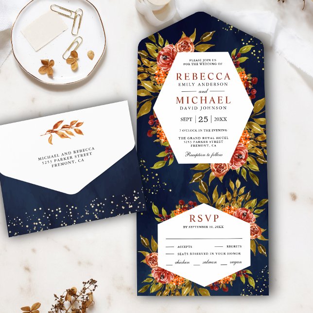 Invitation Tout En Un Marine Bleu Brûlé Orange Floral Automne Mariage Au (Créateur téléchargé)