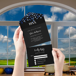 Invitation Tout En Un Marine bleu confetti blanc année anniversaire rsvp