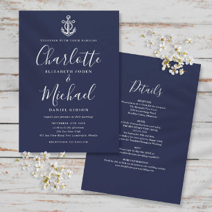 Invitation Tout en un marine bleu et blanc Mariage