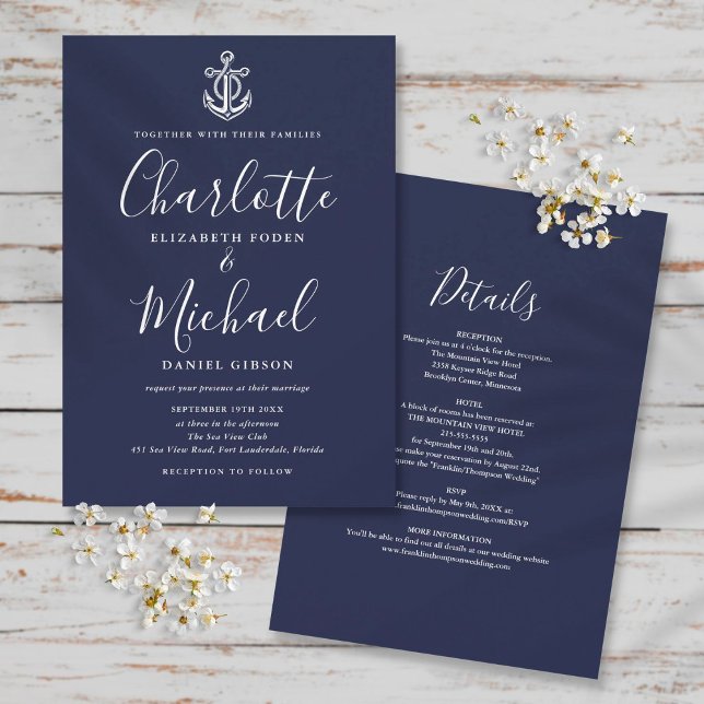 Invitation Tout en un marine bleu et blanc Mariage (Créateur téléchargé)