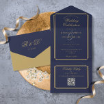 Invitation Tout En Un Marine Bleu Et Or Code QR Mariage Art Déco<br><div class="desc">Mariage tout-en-un invitation bleu marine et or avec élégante typographie et initiales monogrammes. L'invitation comprend une RSVP perforée avec votre code QR du site de mariage et les détails. Conçu par Thisisnotme©</div>