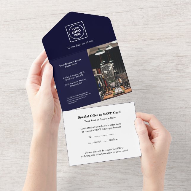 Invitation Tout En Un Marine bleu moderne | Professionnel (Déchirure)
