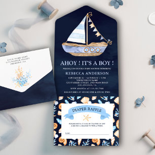Invitation Tout En Un Marine Bleu Rustique Baby shower de voilier nautiq