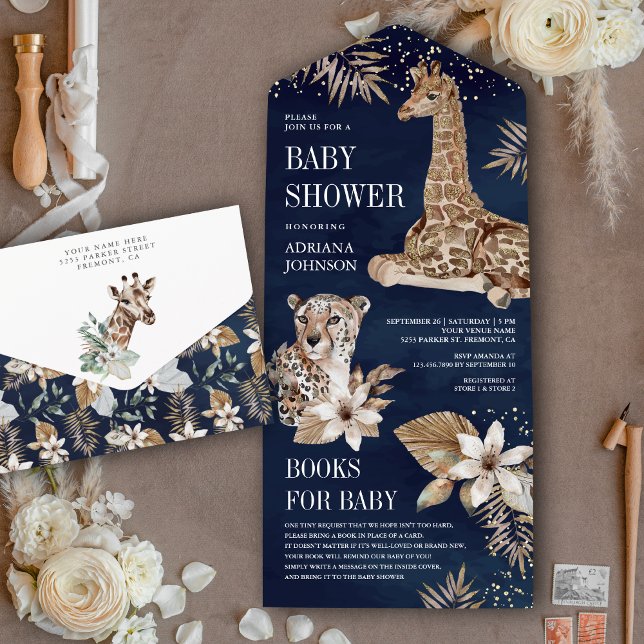 Invitation Tout En Un Marine Blue Boho Safari Leopard Giraffe Baby showe (Créateur téléchargé)