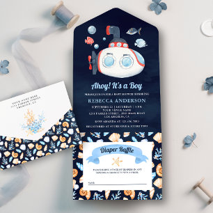 Invitation Tout En Un Marine Blue Cute Sous-marin Baby shower nautique