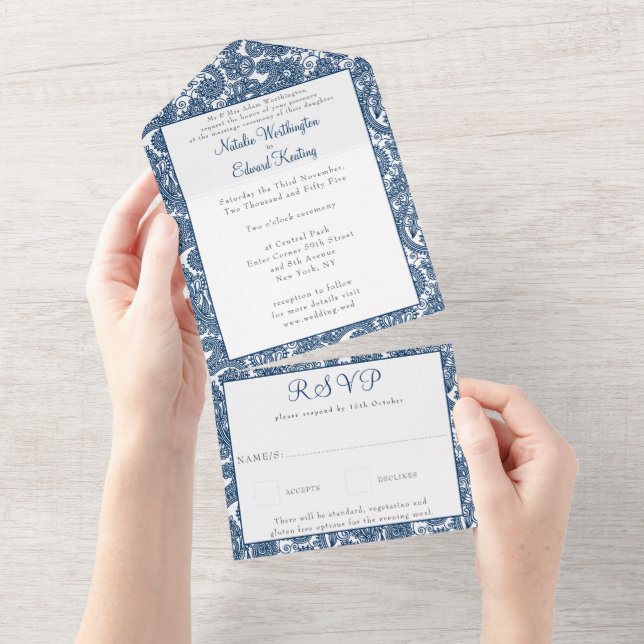 Invitation Tout En Un Marine Blue Filigree Paisley Henné Mariage RSVP (Déchirure)