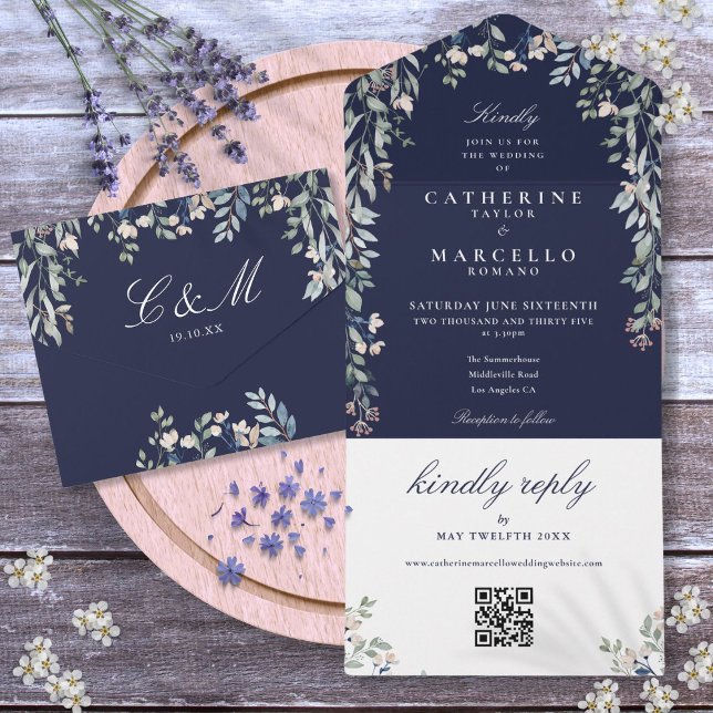Invitation Tout En Un Marine Blue Floral Greenery QR Code Mariage (Navy Blue Floral Greenery QR Code Wedding All In One Invitation)